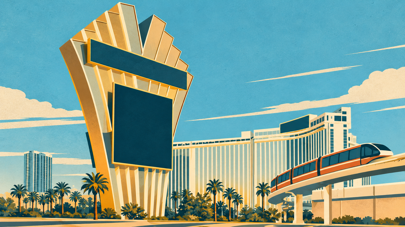 Illustration of the Westgate Las Vegas hotel, roadside sign structure and elevated monorail.