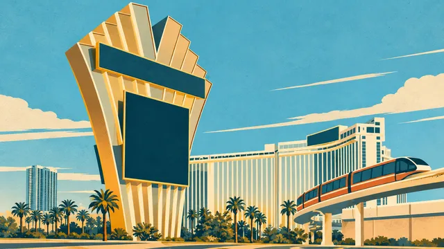 Illustration of the Westgate Las Vegas hotel, roadside sign structure and elevated monorail.