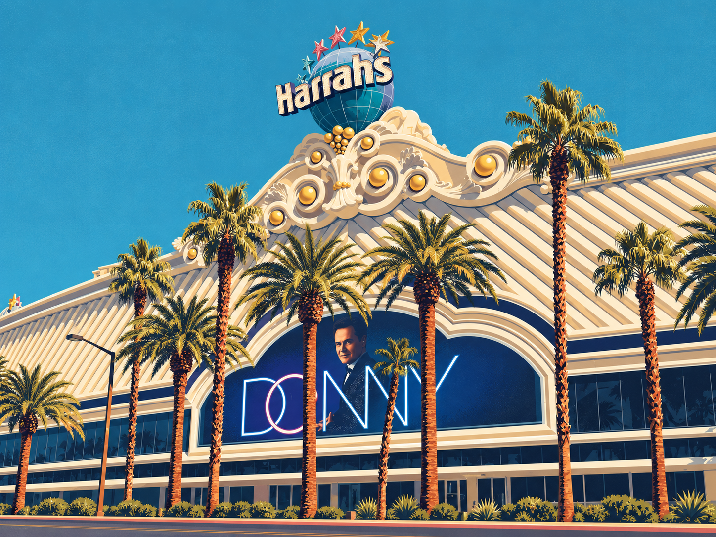 AI-generated architectural illustration of Harrah's facade, adapted from Sarah Stierch's March 2022 photograph.
