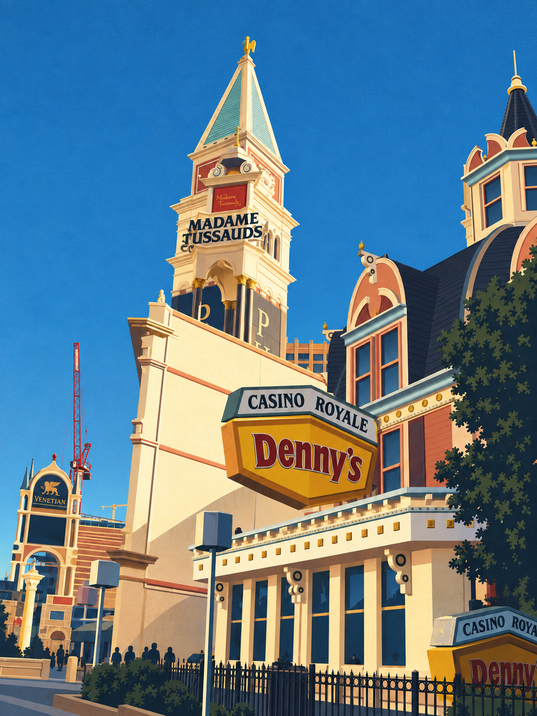 Generated historical architectural view of Madame Tussauds tower behind Casino Royale.