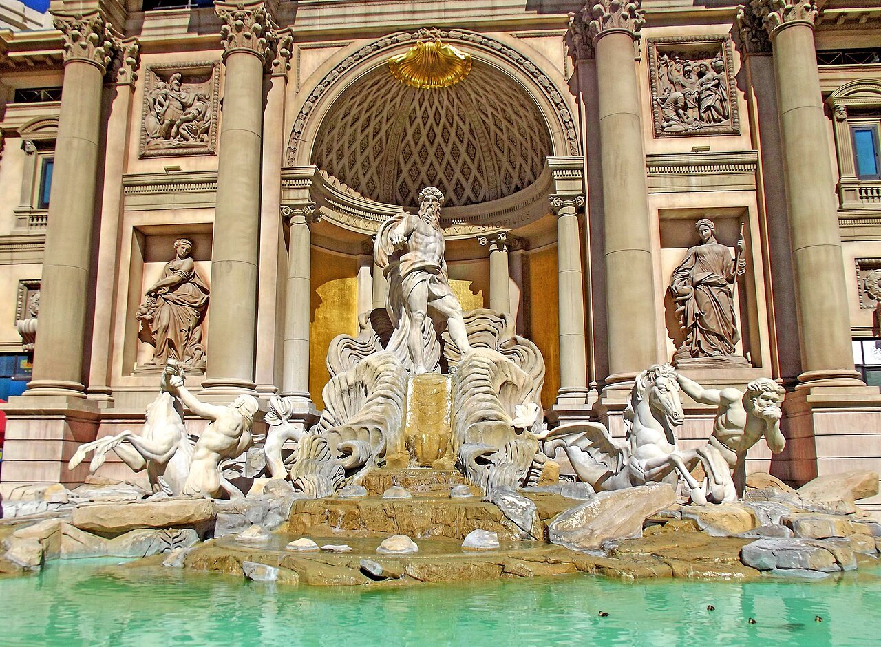 Oceanus and the replica Trevi Fountain at the Forum Shops, Caesars Palace.