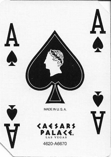 Caesars Palace ace of spades with a profile portrait and clipped top-right and bottom-left corners.