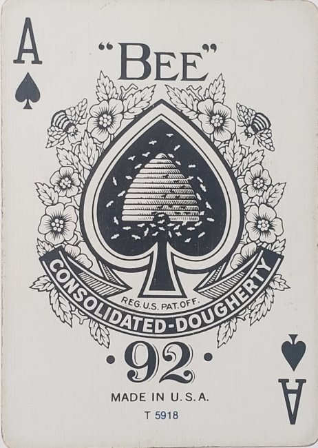 Bee No. 92 ace of spades with a beehive, flowers and Consolidated-Dougherty lettering.