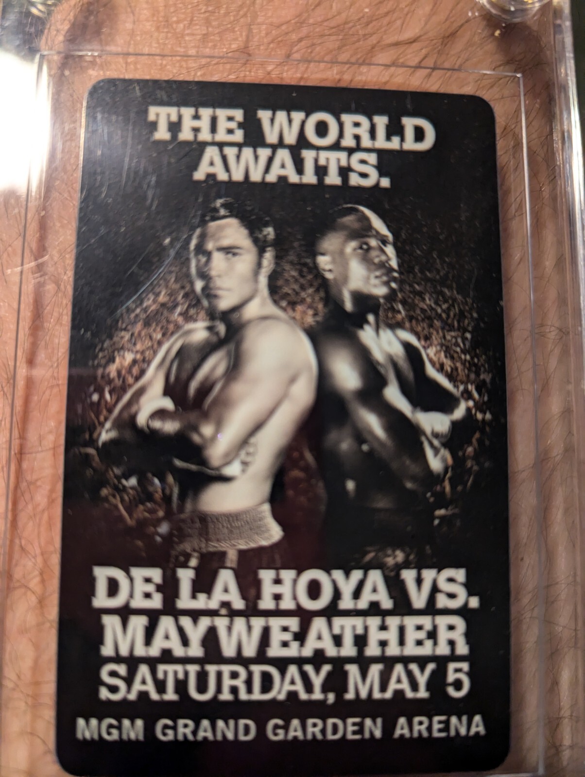 Room key advertising De La Hoya versus Mayweather, The World Awaits, Saturday May 5 at MGM Grand Garden Arena.