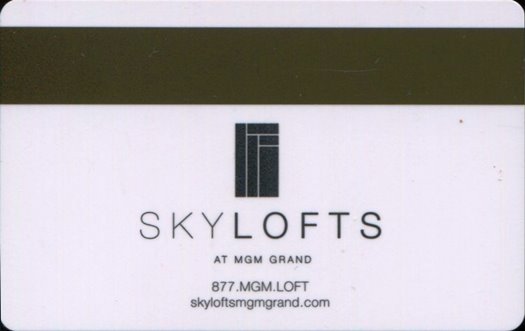 Back of the same Skylofts at MGM Grand keycard, with a magnetic stripe, Skylofts logo and contact details.