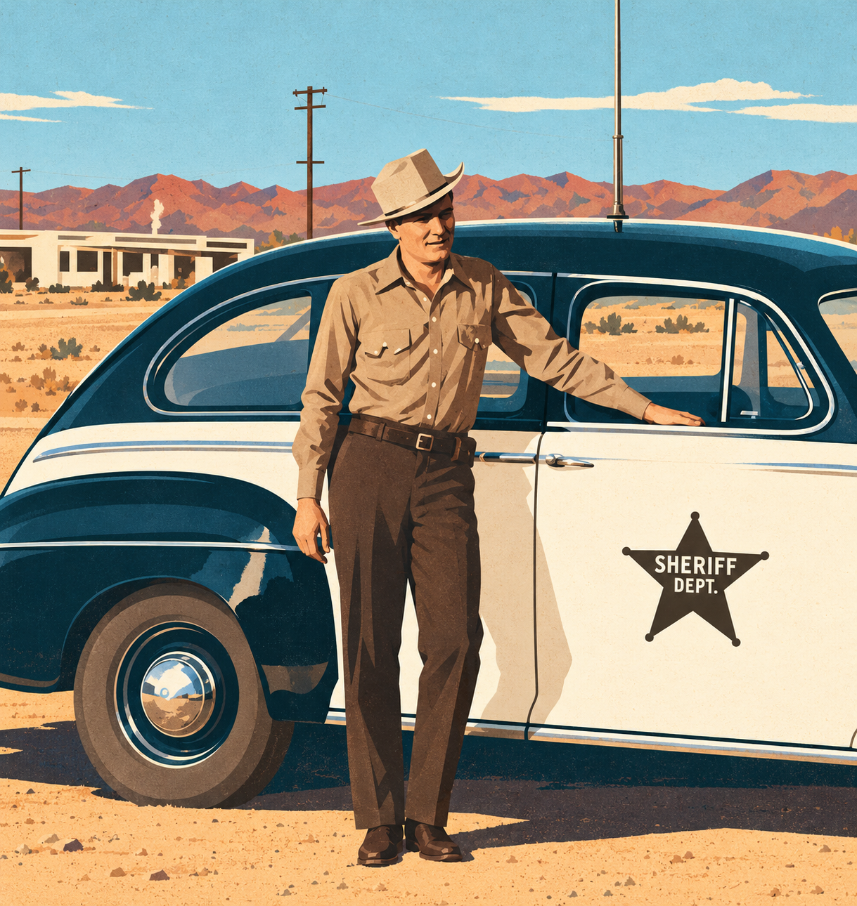 A man in a cowboy hat rests his hand on the window of a black-and-white sheriff’s car.