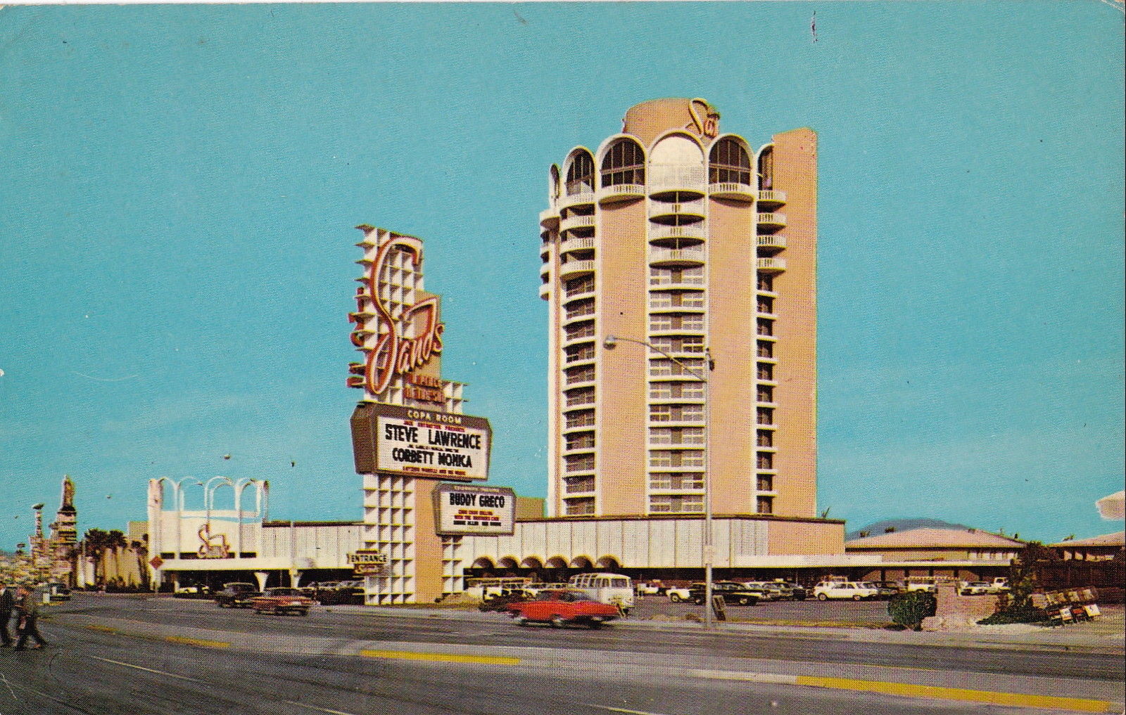 Postcard view of the Sands Hotel and Casino sign and tower.