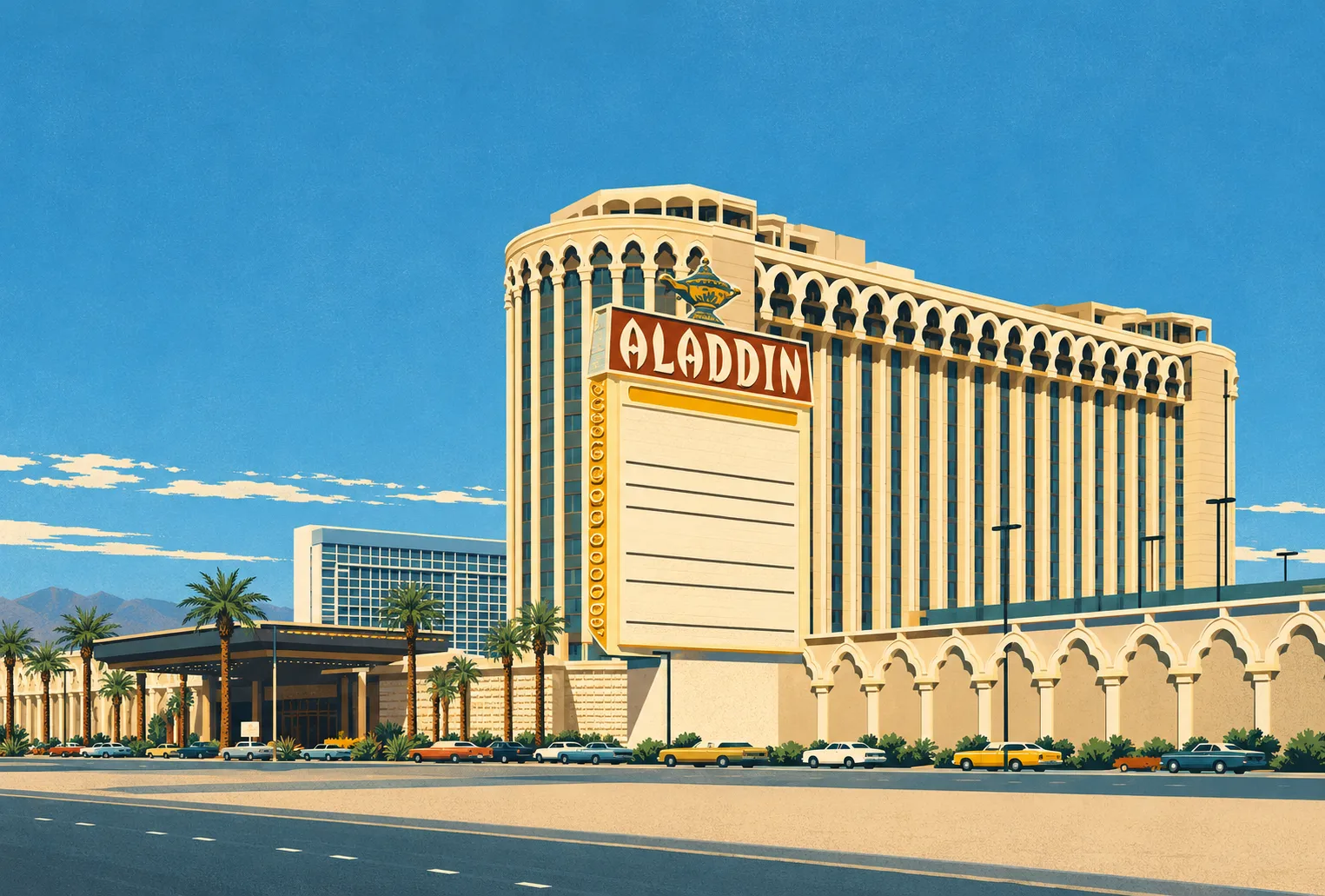 Illustration of the original Aladdin hotel, with its tall arched tower, roadside marquee and low arcade facing the Strip.