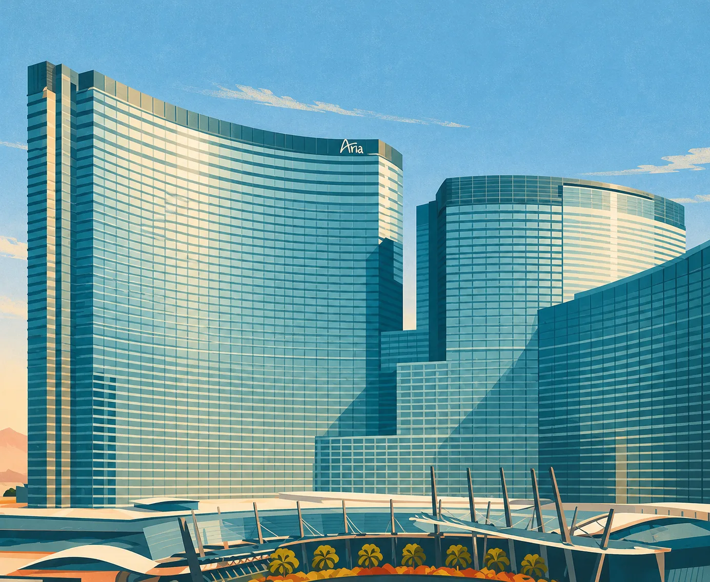 Illustration of ARIA’s curved glass towers and sweeping entrance canopies in bright desert daylight.