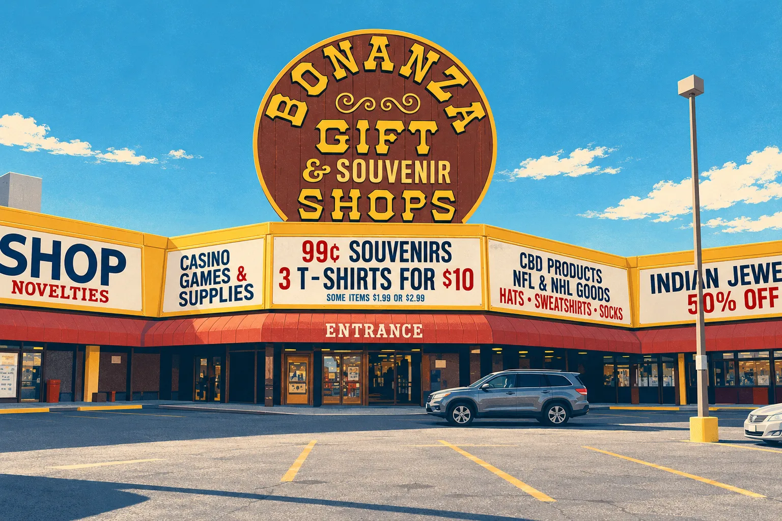 Illustration of Bonanza Gift Shop’s roadside sign and storefront, with major lettering retained.