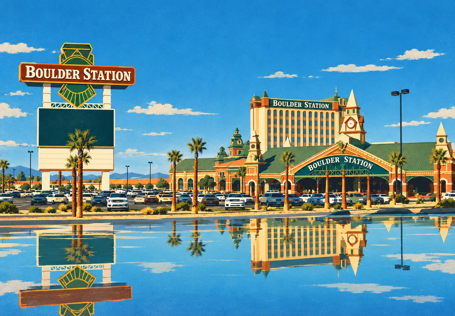 Illustration of Boulder Station’s roadside sign, hotel tower and railway-station-style frontage reflected across the foreground.