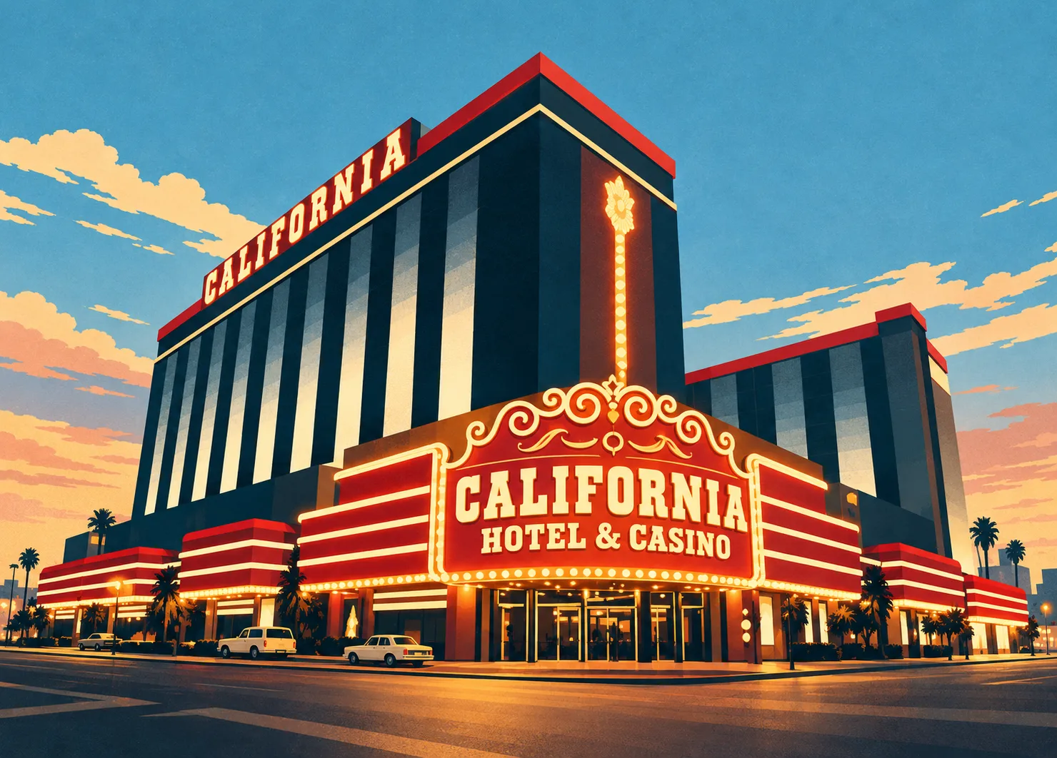 Illustration of the California Hotel and Casino at dusk, with two dark towers and its red and cream corner marquee.