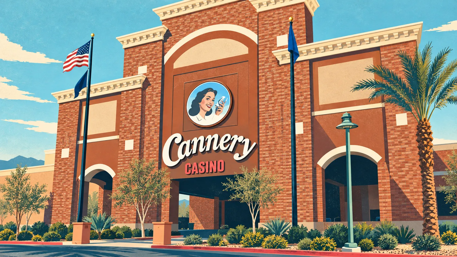 Illustration of Cannery's brick entrance, cream arch, white Cannery lettering and round portrait sign.