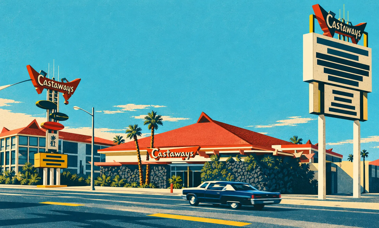 Illustration of the original Strip Castaways, with its low red tropical roof, stone facade and two roadside signs in desert daylight.
