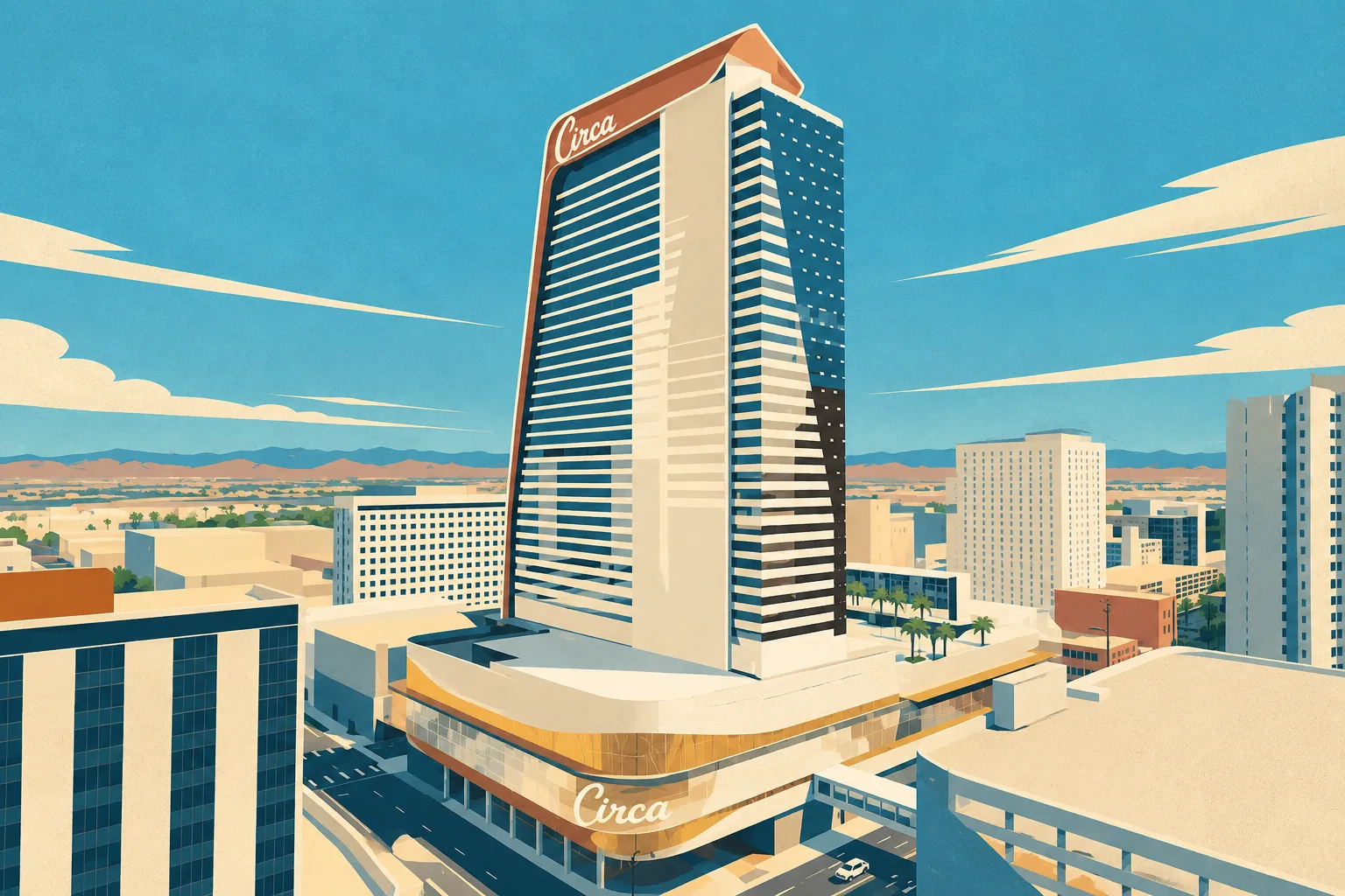 Editorial illustration of Circa’s tall hotel tower, curved crown and low podium above downtown Las Vegas.