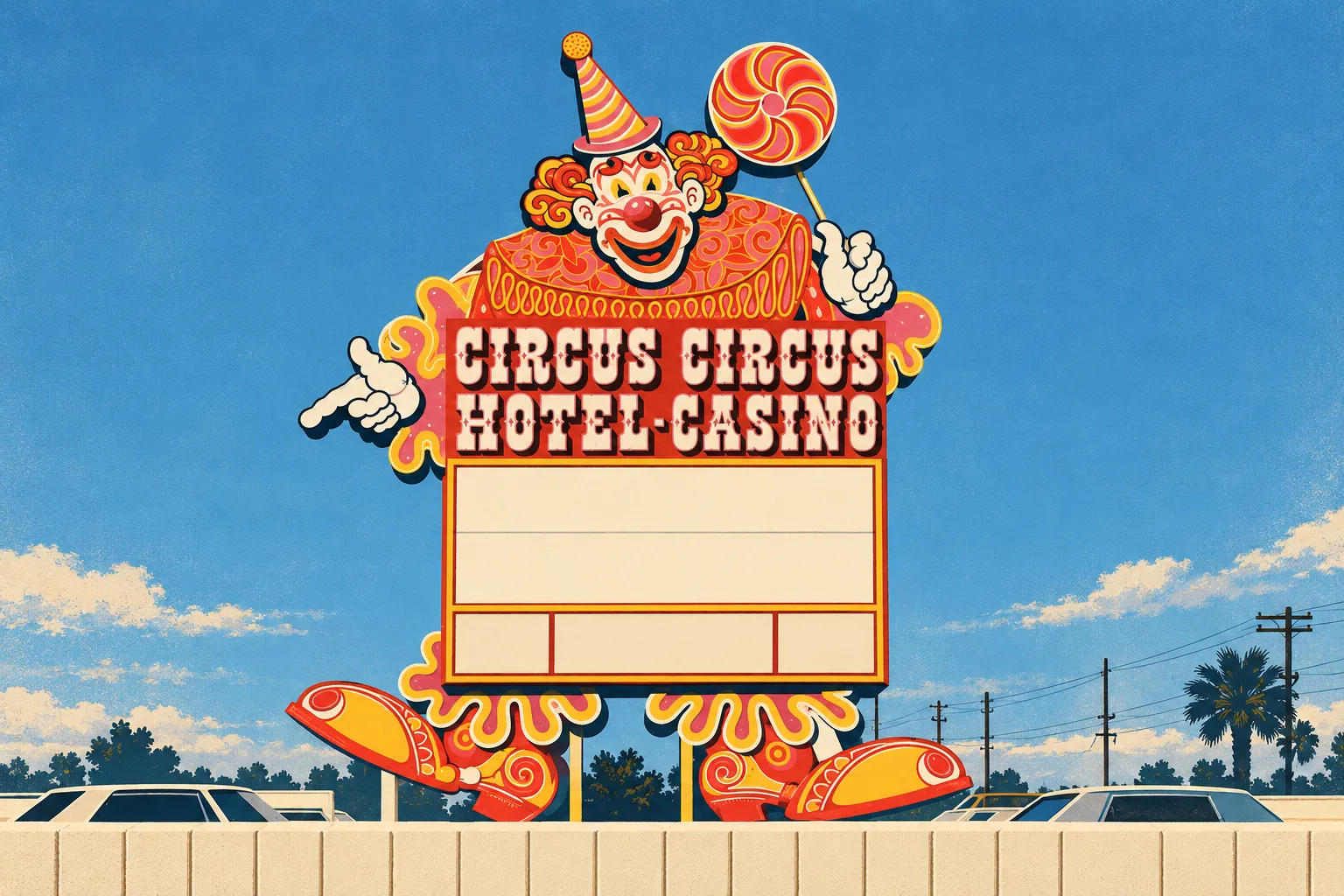 Editorial illustration of the Circus Circus clown sign, with striped hat, lollipop, pointing hand and oversized shoes against a blue daytime sky.