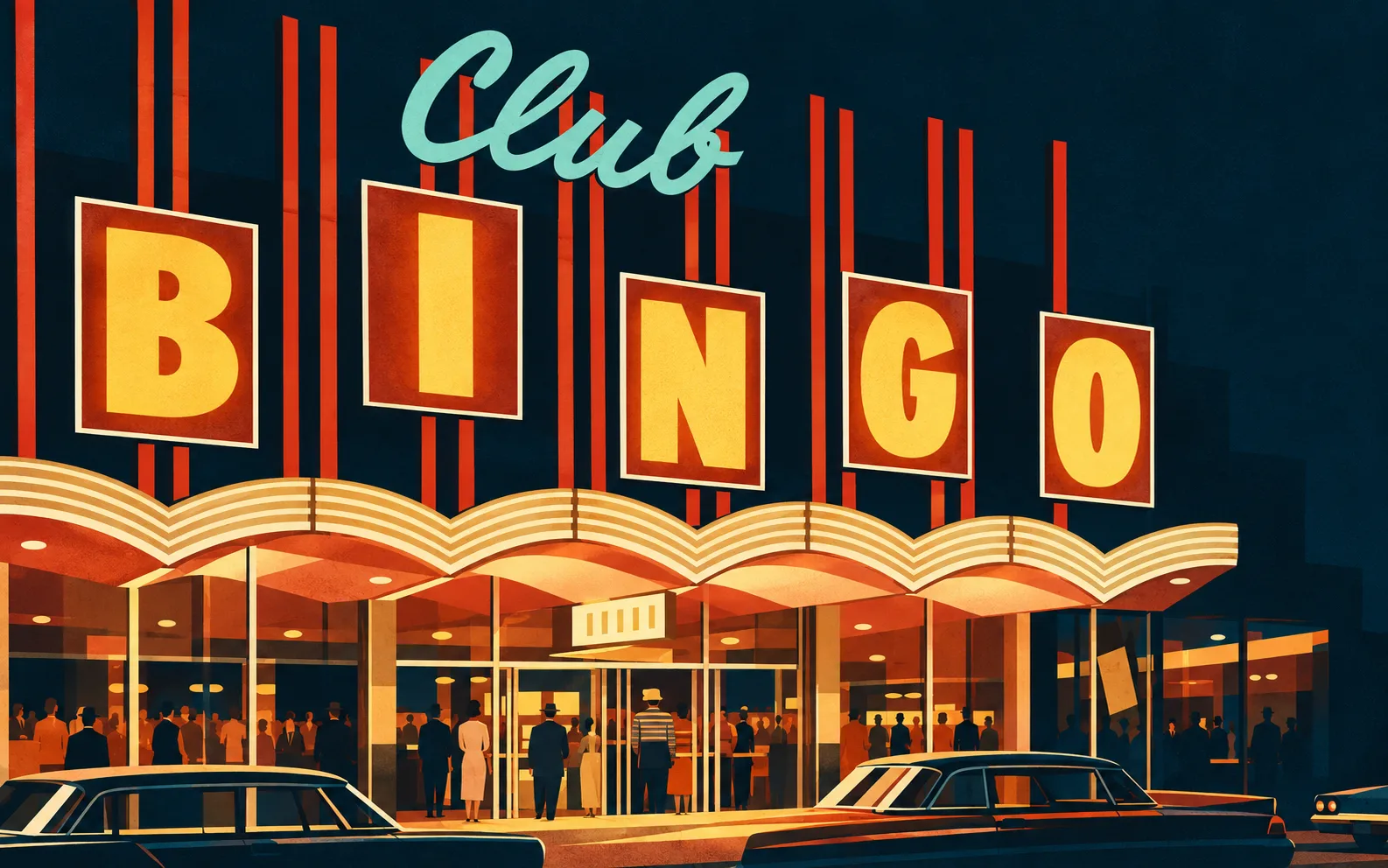 Illustration of Downtown Club Bingo with separate BINGO panels, script Club sign and scalloped illuminated canopy.