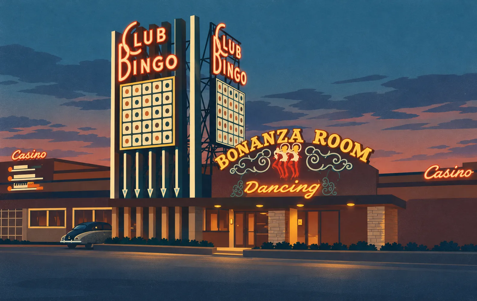 Illustration of Strip Club Bingo with its tall double-sided bingo-grid sign beside the Bonanza Room Dancing frontage at dusk.