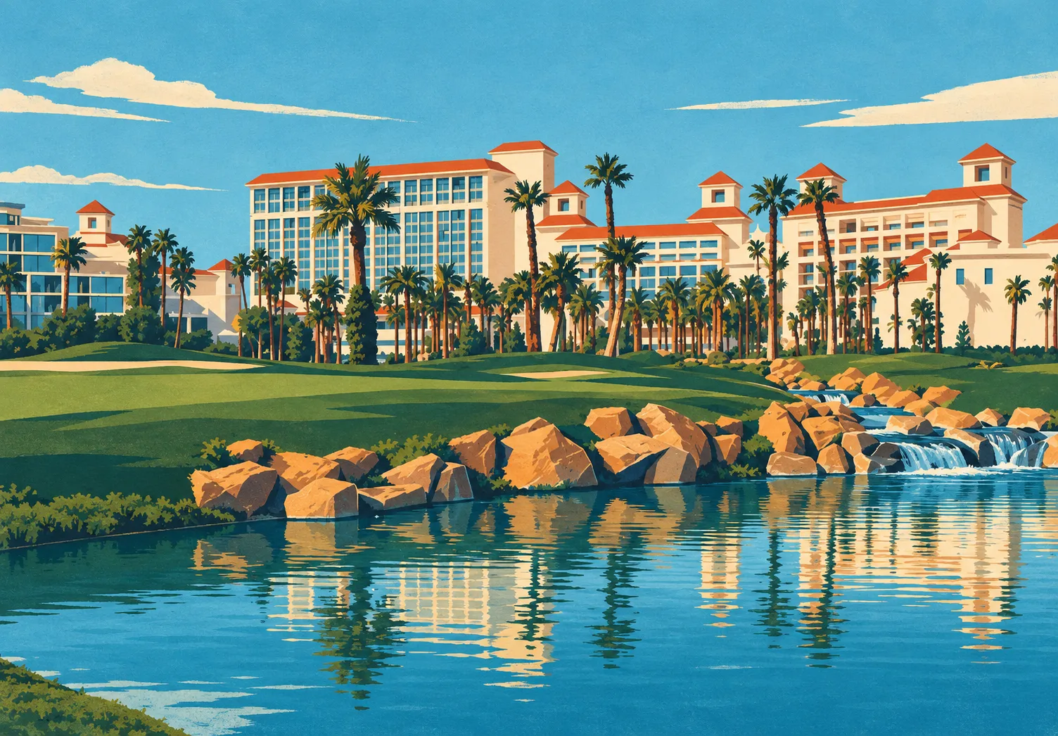 Illustration of cream Desert Inn hotel blocks with terracotta roofs and square turrets behind palms, green lawns and a rocky pond waterfall.
