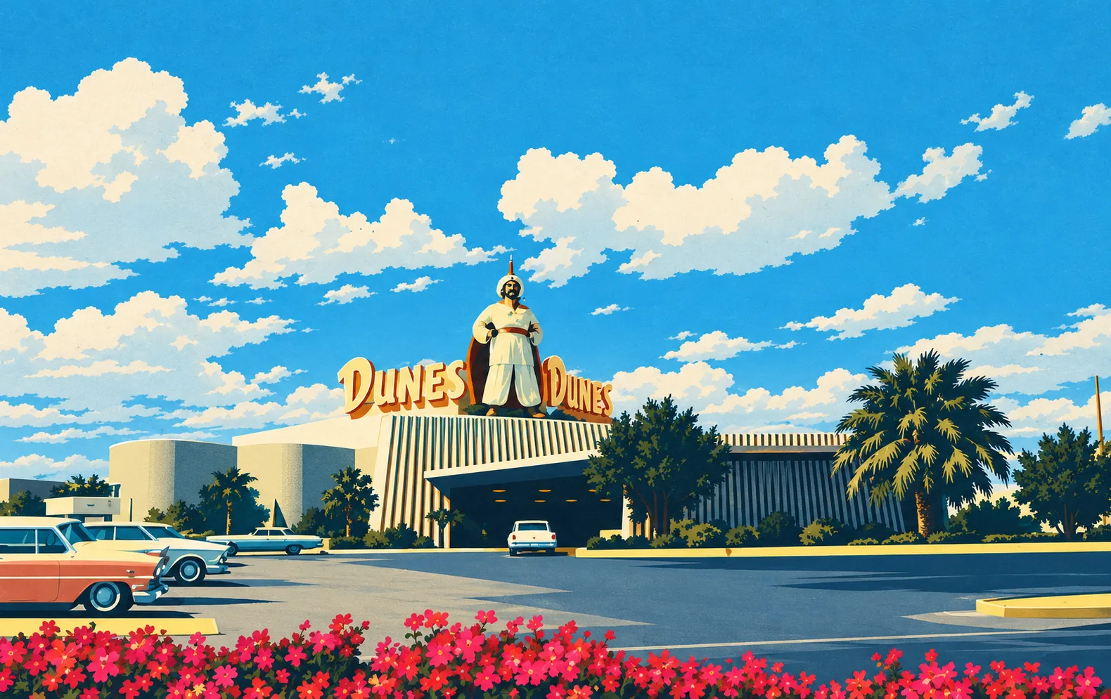 Illustration of the low early Dunes casino facade, rooftop sultan and Dunes lettering, with palms, period cars and foreground flowers.