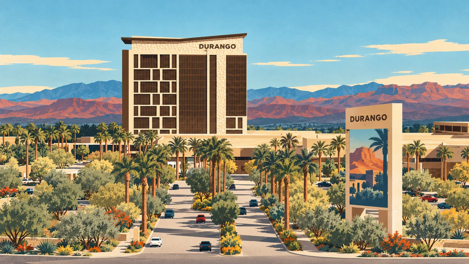 Illustration of Durango's tower and roadside sign above a palm-lined drive, with desert mountains behind.