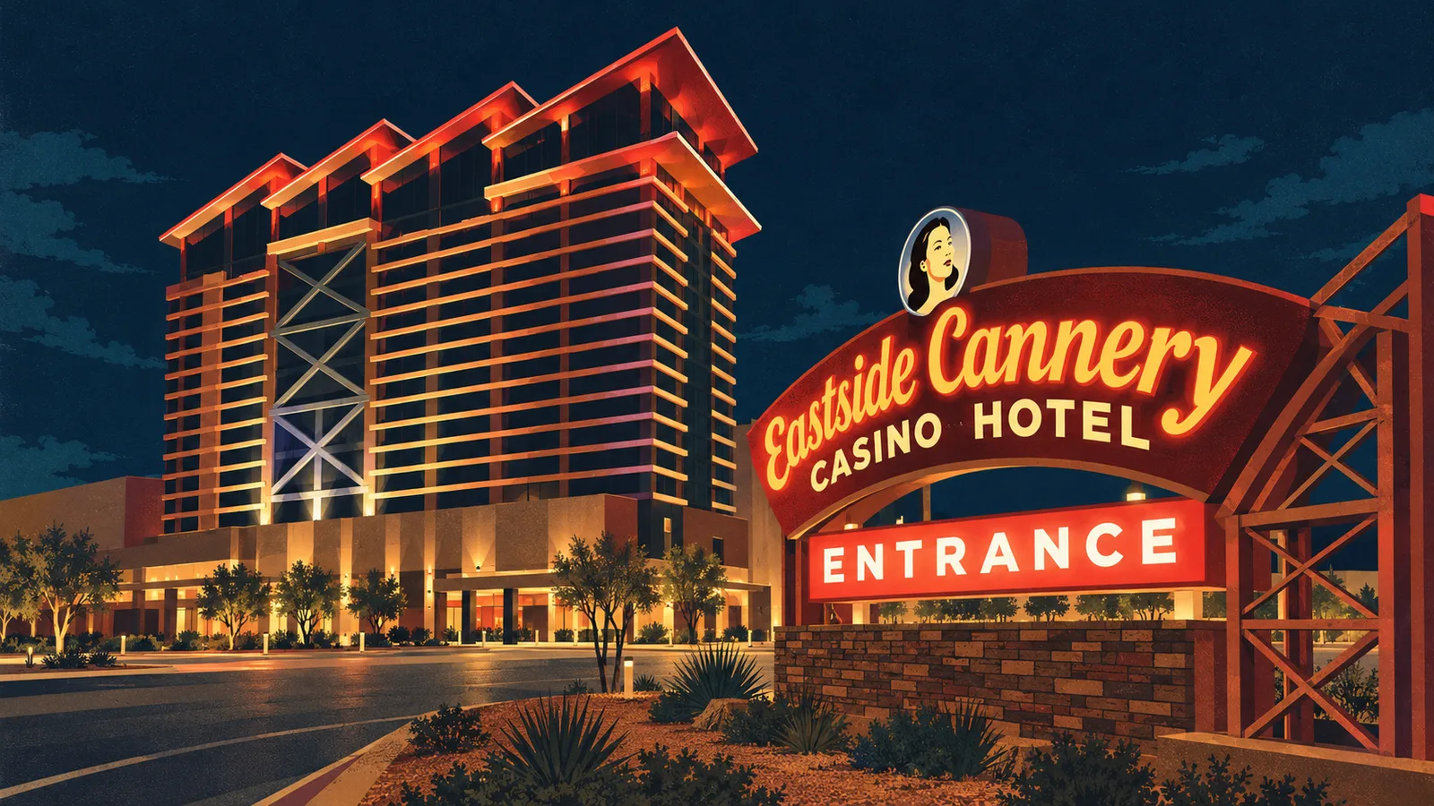 Nighttime illustration of the former Eastside Cannery tower with red-lit roof peaks and illuminated entrance sign.