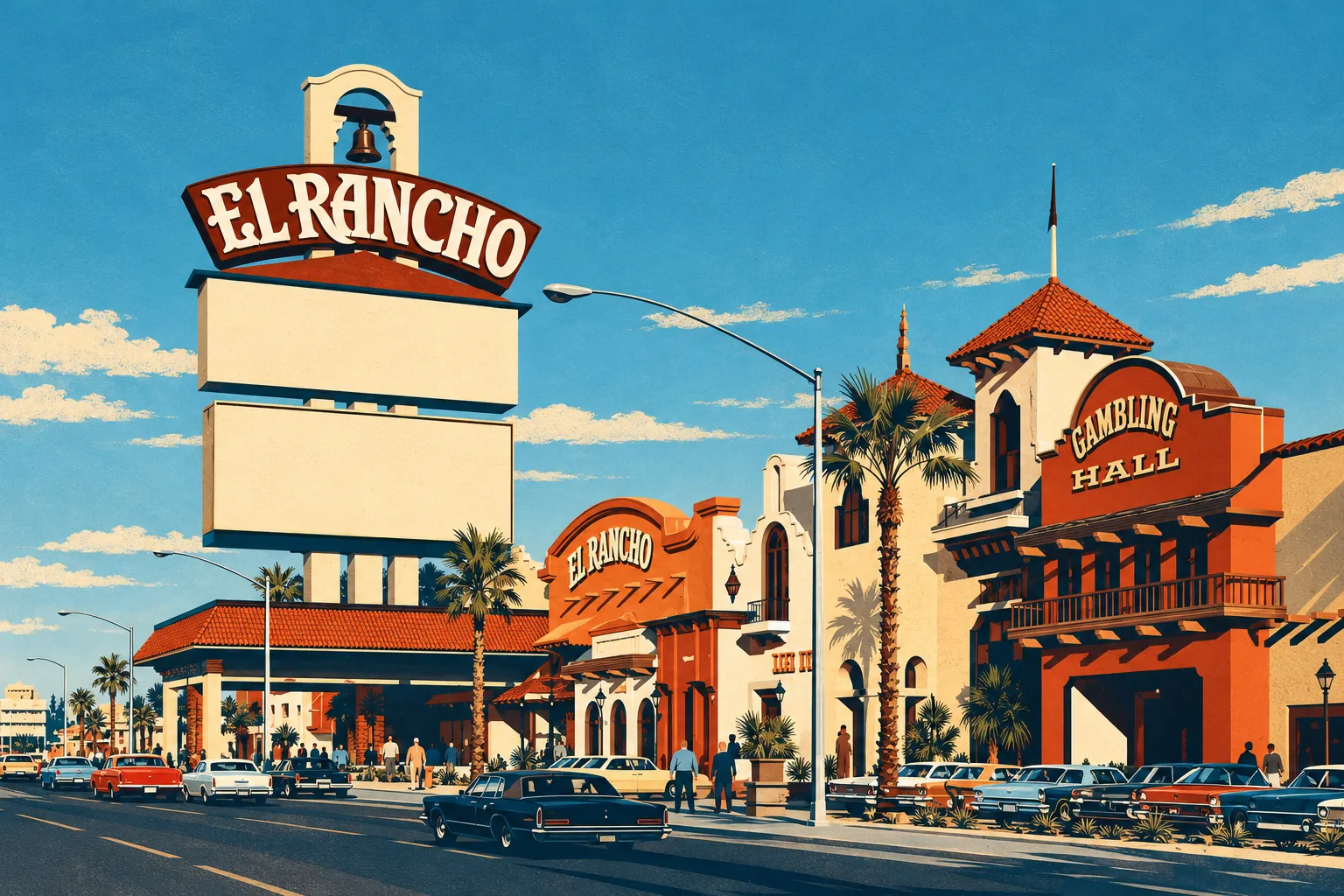Illustration of El Rancho’s bell-topped roadside sign, Spanish and Western casino frontage, red roofs, palms and period cars.