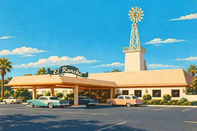 Editorial illustration of El Rancho Vegas’s low cream entrance building, El Rancho sign, windmill tower and period cars.