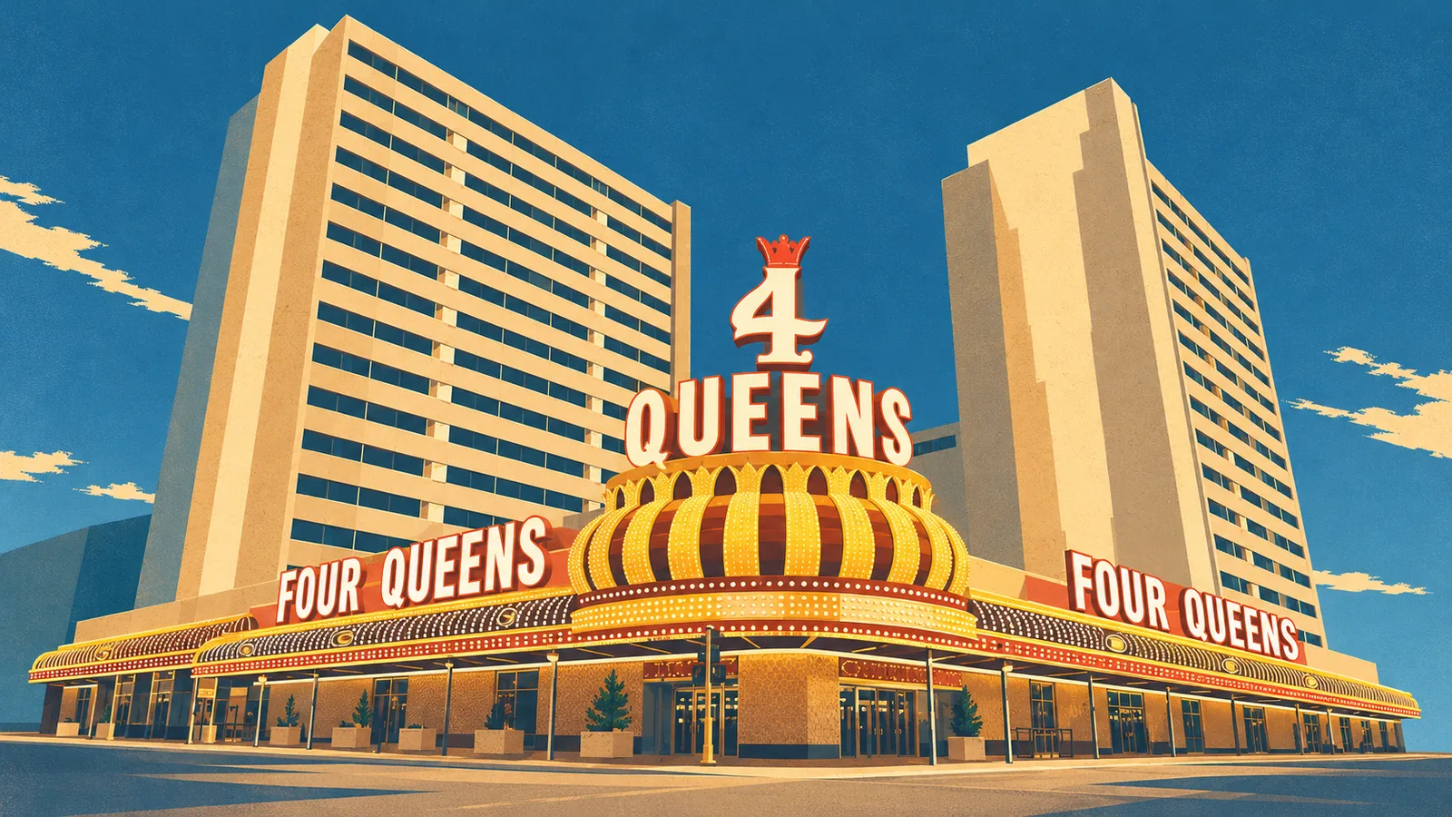 Daylight illustration of Four Queens’ two hotel towers above the crown-shaped corner marquee and retained Four Queens lettering.