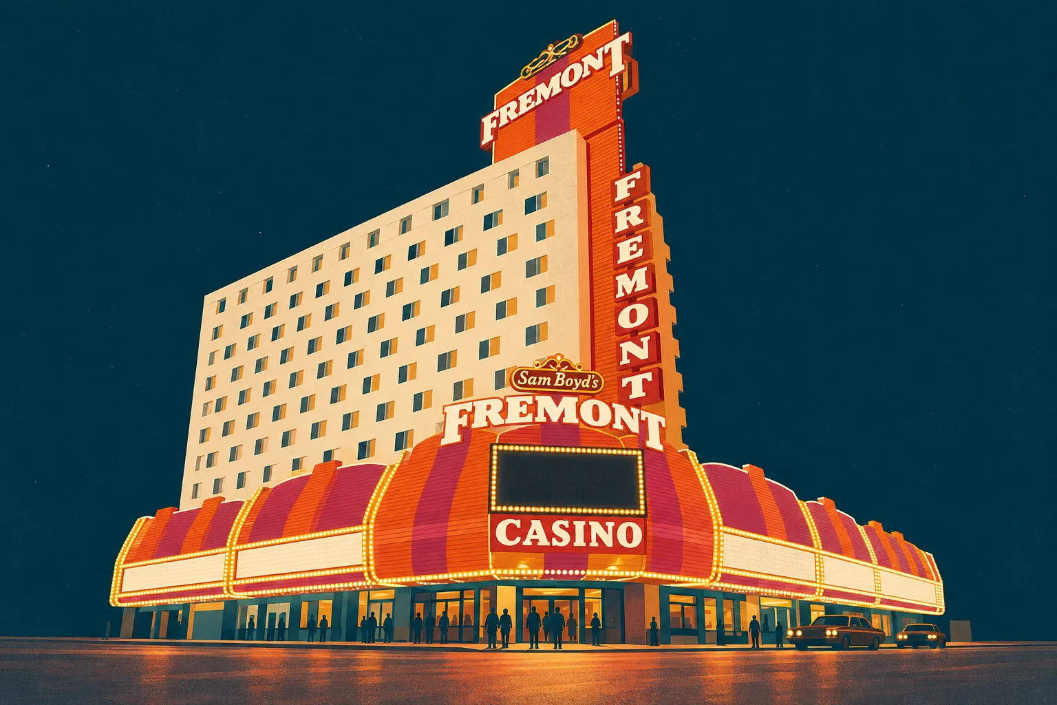 Illustrated cream Fremont hotel tower, vertical Fremont sign and striped curved casino frontage at night.