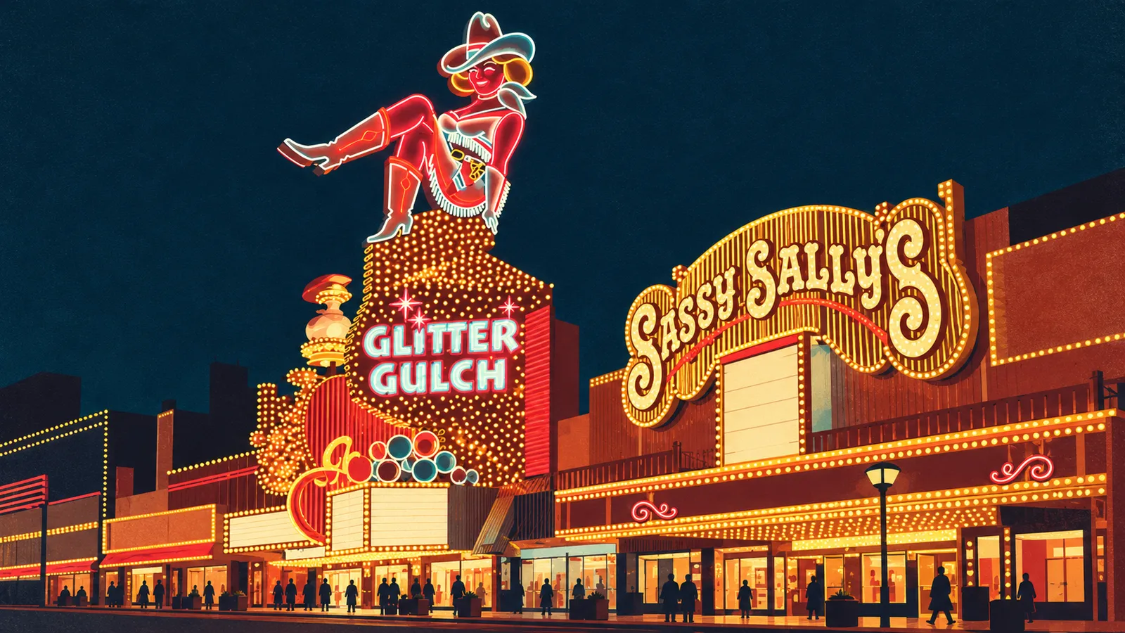 Illustration of Vegas Vickie above the Glitter Gulch neon sign, beside neighboring Sassy Sally’s at night.