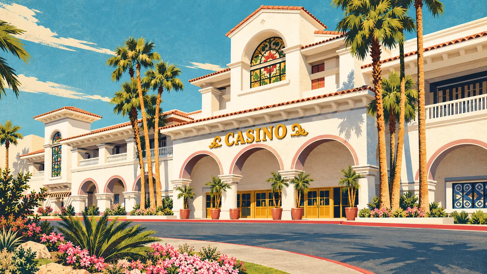 Illustration of Gold Coast's white arched facade, gold CASINO lettering, stained-glass window and palm trees.