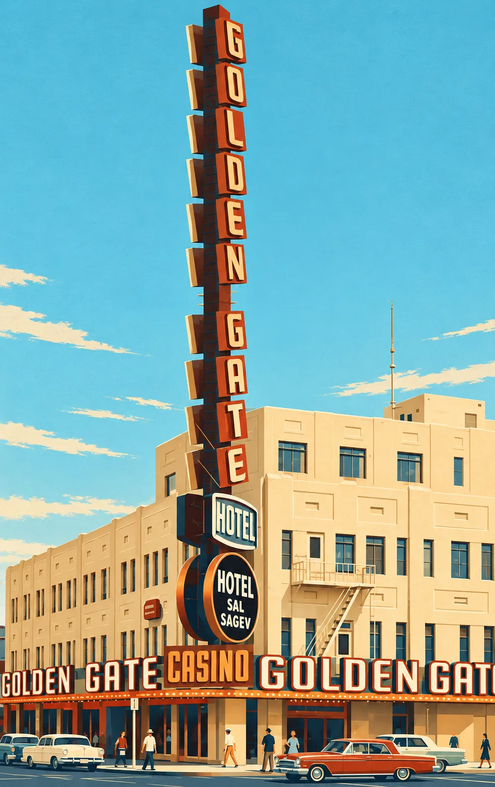 Daylight illustration of Golden Gate’s cream corner building, tall vertical sign, round Hotel Sal Sagev sign, exterior stair and period cars.