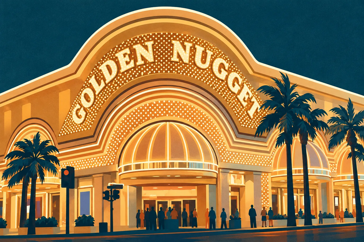 Flat editorial illustration of Golden Nugget’s curved golden entrance arch, large lettering, ribbed canopy and palms at night.