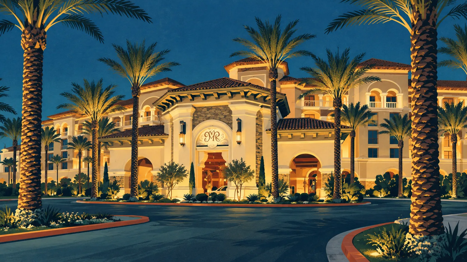 Blue-hour illustration of Green Valley Ranch's warm-lit Mediterranean entrance, tiled roofs and framing palms.