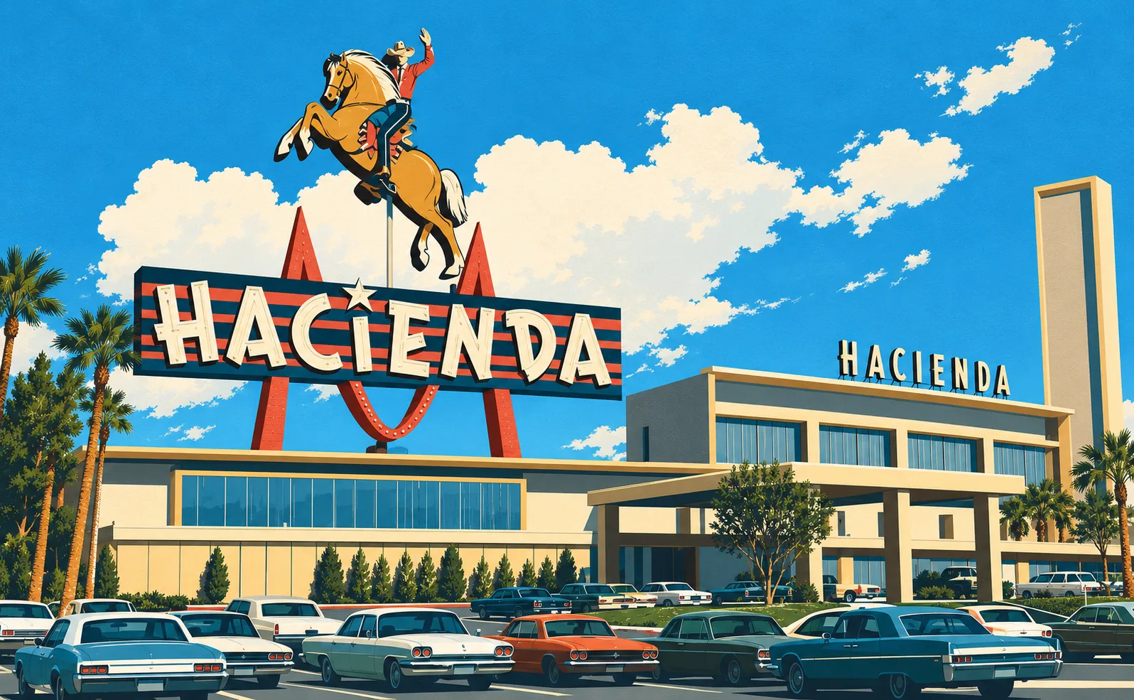 Editorial illustration of the historic Hacienda’s horse-and-rider roadside sign above its low hotel frontage, with palms and period cars.