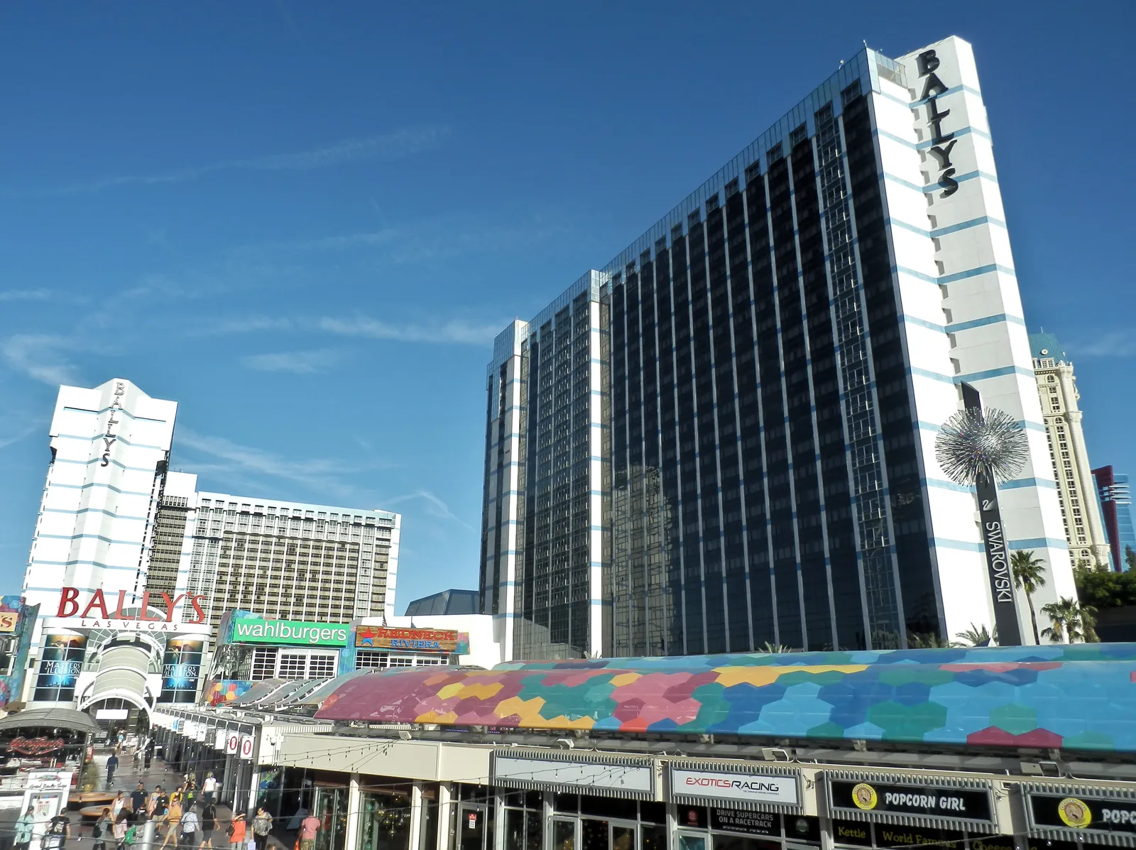 Bally’s-branded hotel towers behind the multicolored Grand Bazaar roofs in 2018, before the Horseshoe rebrand and Paris tower conversion.
