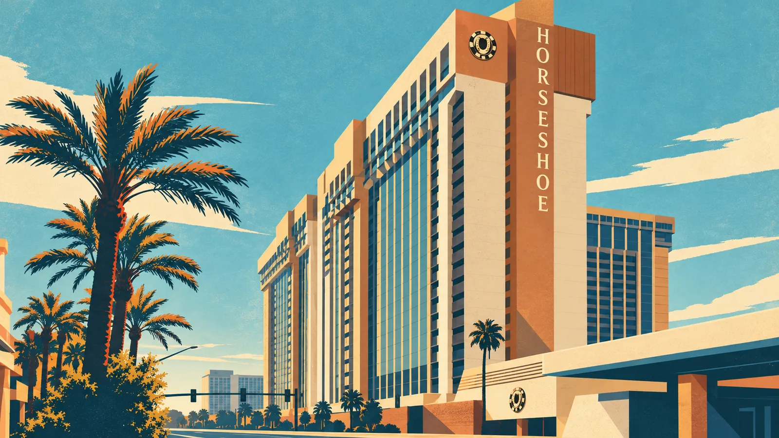 Illustration of the Horseshoe Las Vegas tower with vertical HORSESHOE lettering, palms at left and entrance canopy at right.