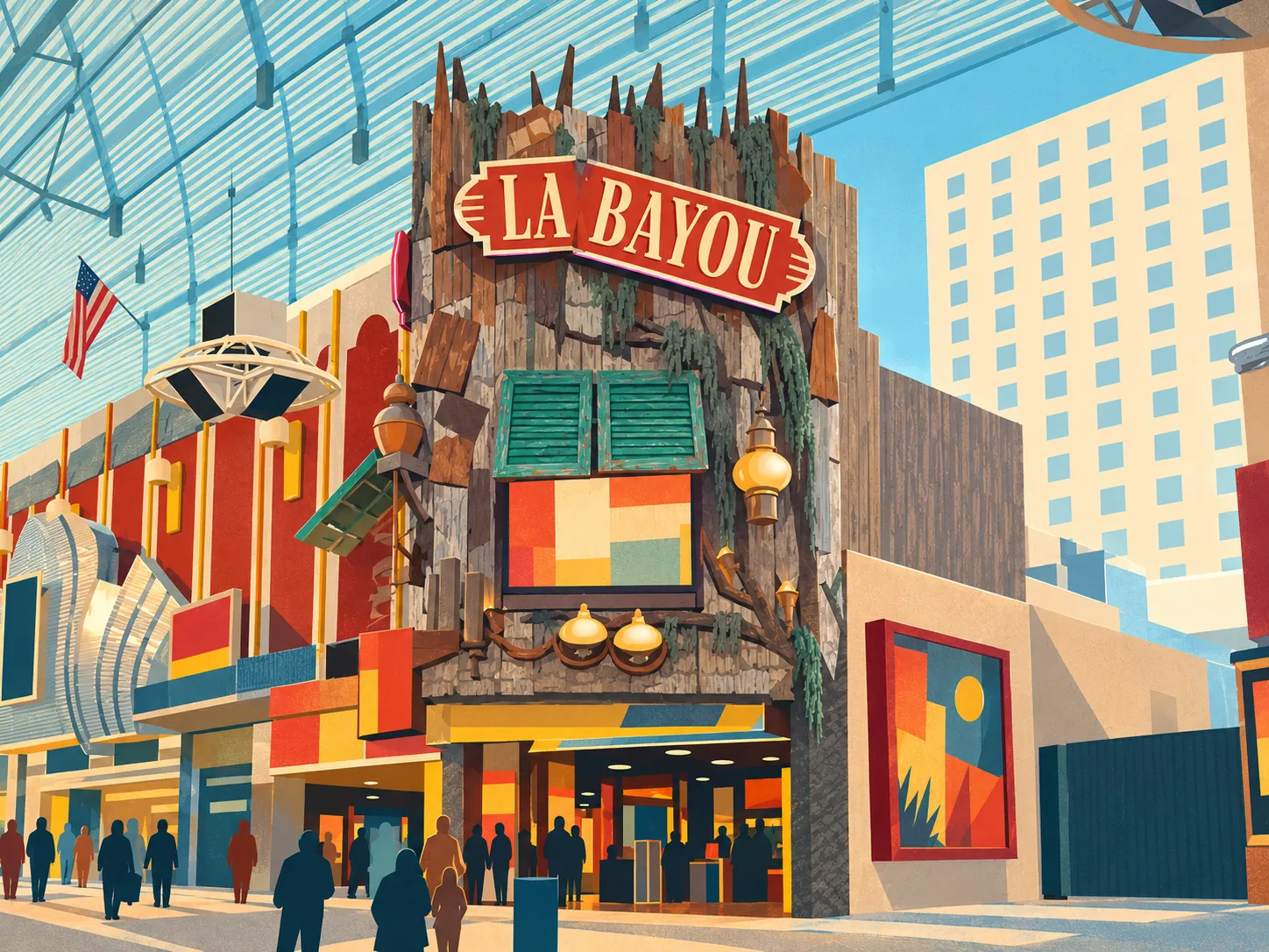 Illustration of La Bayou’s red sign, green shutters and narrow casino frontage beneath the Fremont Street canopy.