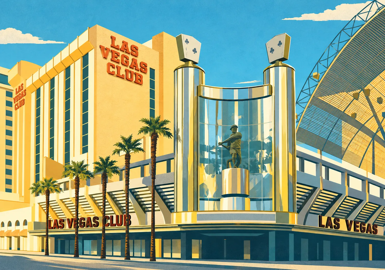 Illustration of Las Vegas Club’s golden tower, palms and glass baseball-player display beside the Fremont Street canopy.