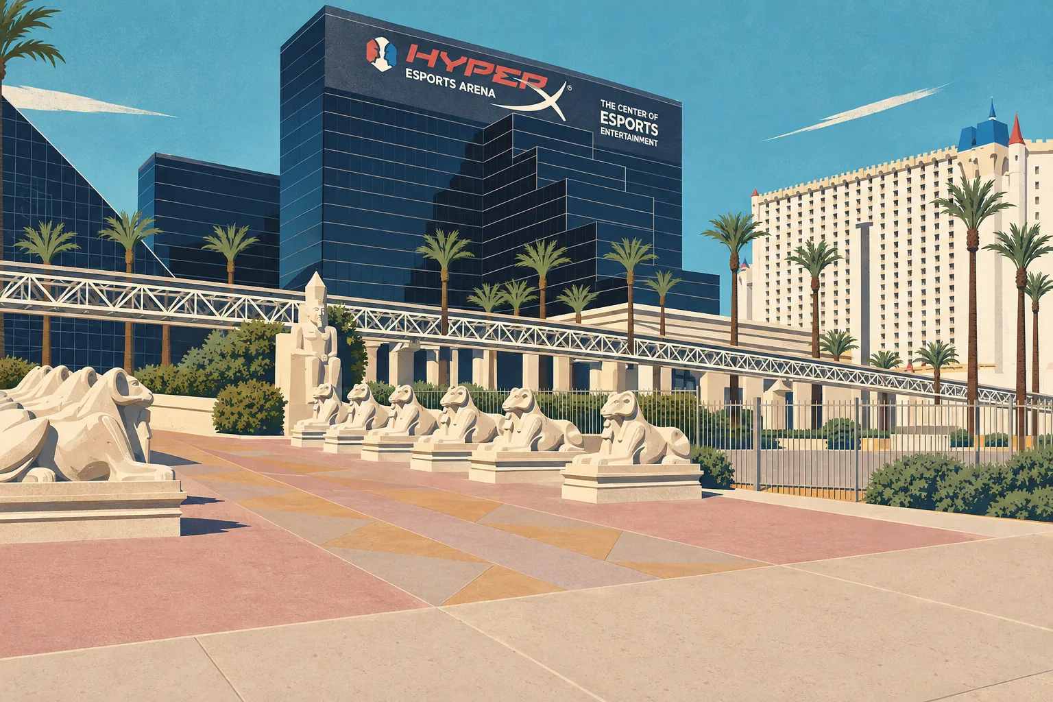 Illustration of Luxor’s ram sculptures and courtyard, adapted from a 2020 photograph; neighboring Excalibur is visible at right.