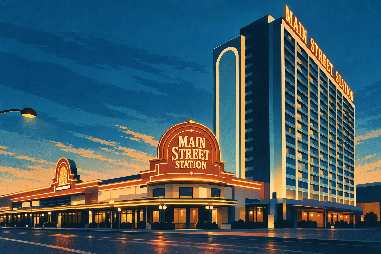 Editorial illustration of Main Street Station at dusk, with its hotel tower on the right and ornamental sign above the low casino frontage.