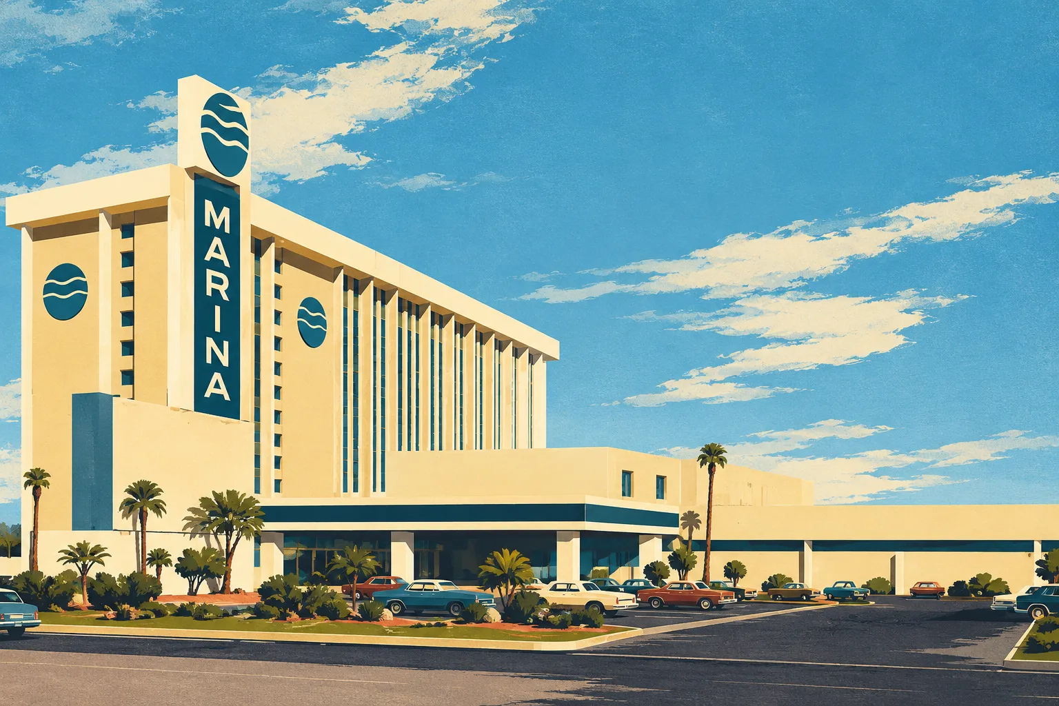 Illustration of Marina’s pale hotel tower, vertical window bays, tall Marina sign and low entrance frontage under a blue sky.