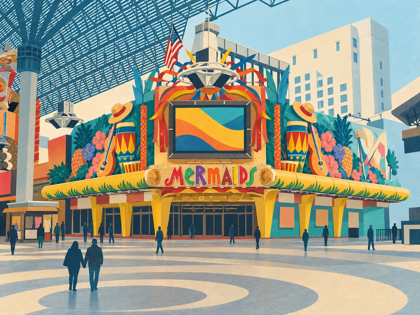 Editorial illustration of Mermaids’ multicoloured sign, yellow canopy, turquoise frontage and tropical decorations beneath the Fremont Street canopy.