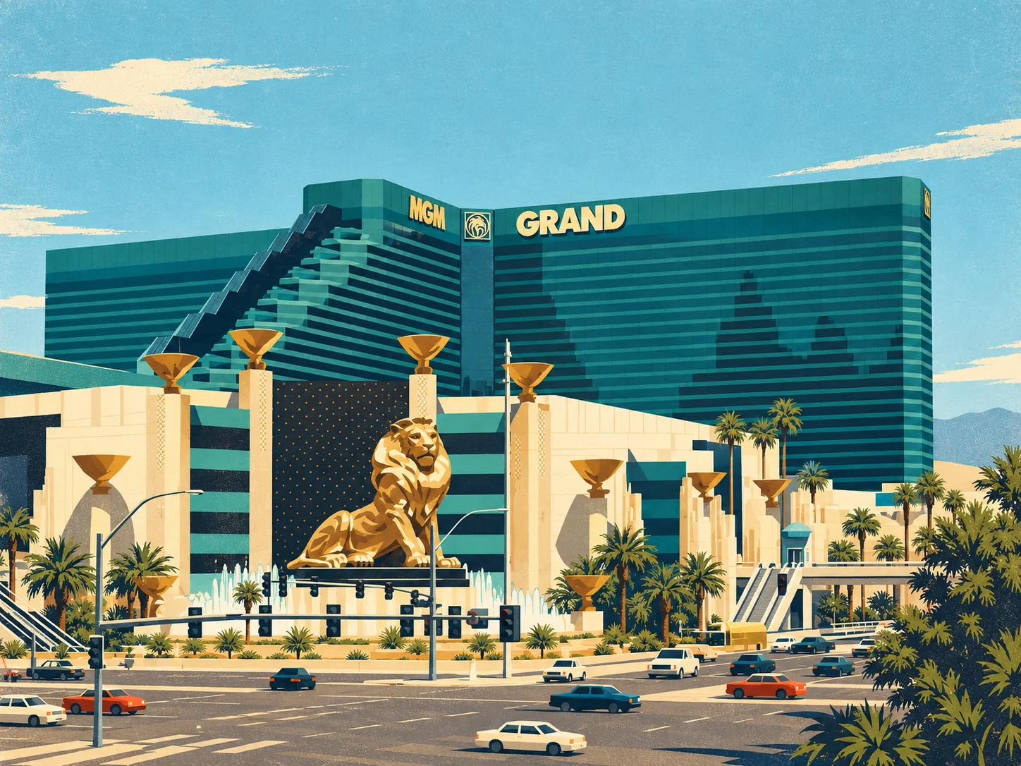 Illustration of MGM Grand’s stepped green towers above its gold lion statue, cream entrance, palms and Strip intersection.