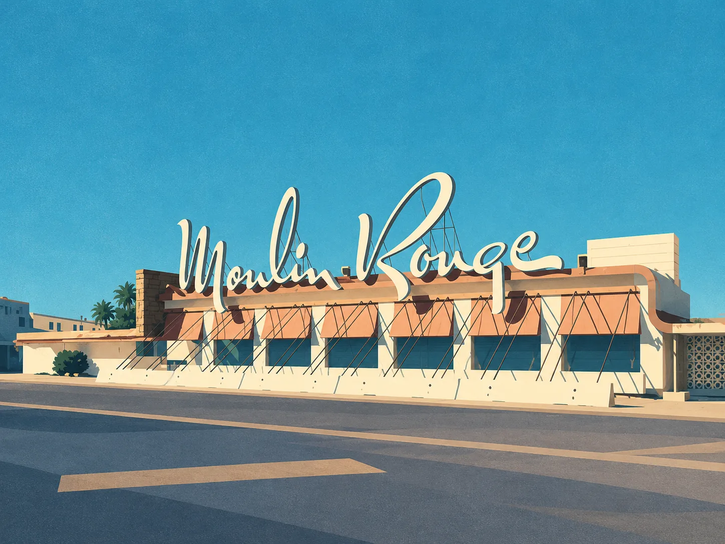 Flat architectural illustration of the later closed Moulin Rouge frontage, with pale cursive roof sign, peach awnings and diagonal desert shadows.