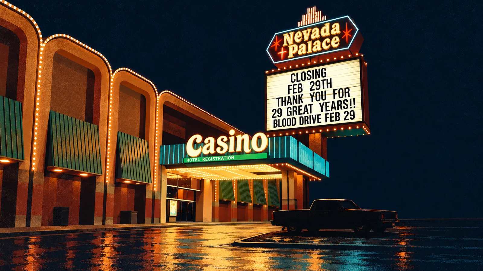 Nighttime illustration of Nevada Palace's illuminated casino entrance and marquee announcing its February 29 closing.