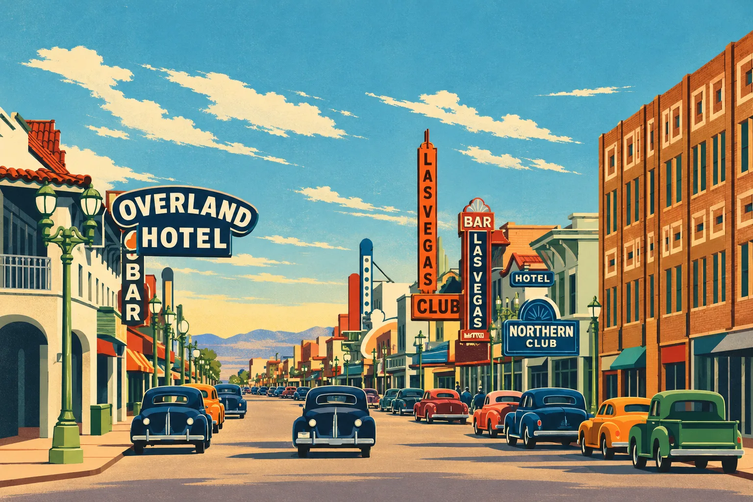 Illustrated historic Fremont Street looking east, with Northern Club’s blue sign beneath HOTEL beside Las Vegas Bar, period cars and the Overland Hotel.