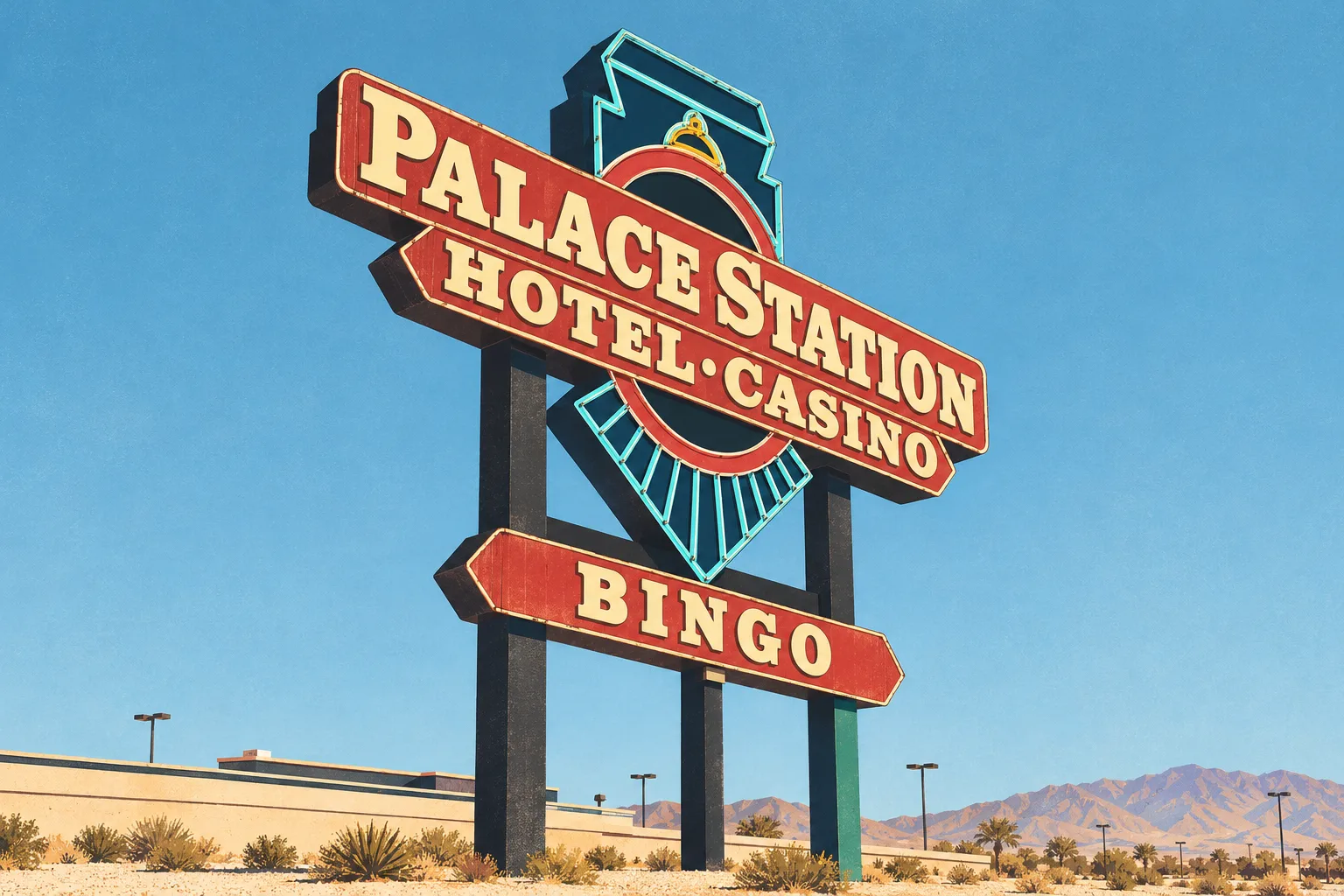 Daylight editorial illustration of Palace Station’s historic red-and-cream hotel-casino sign, turquoise railroad emblem and separate BINGO panel.