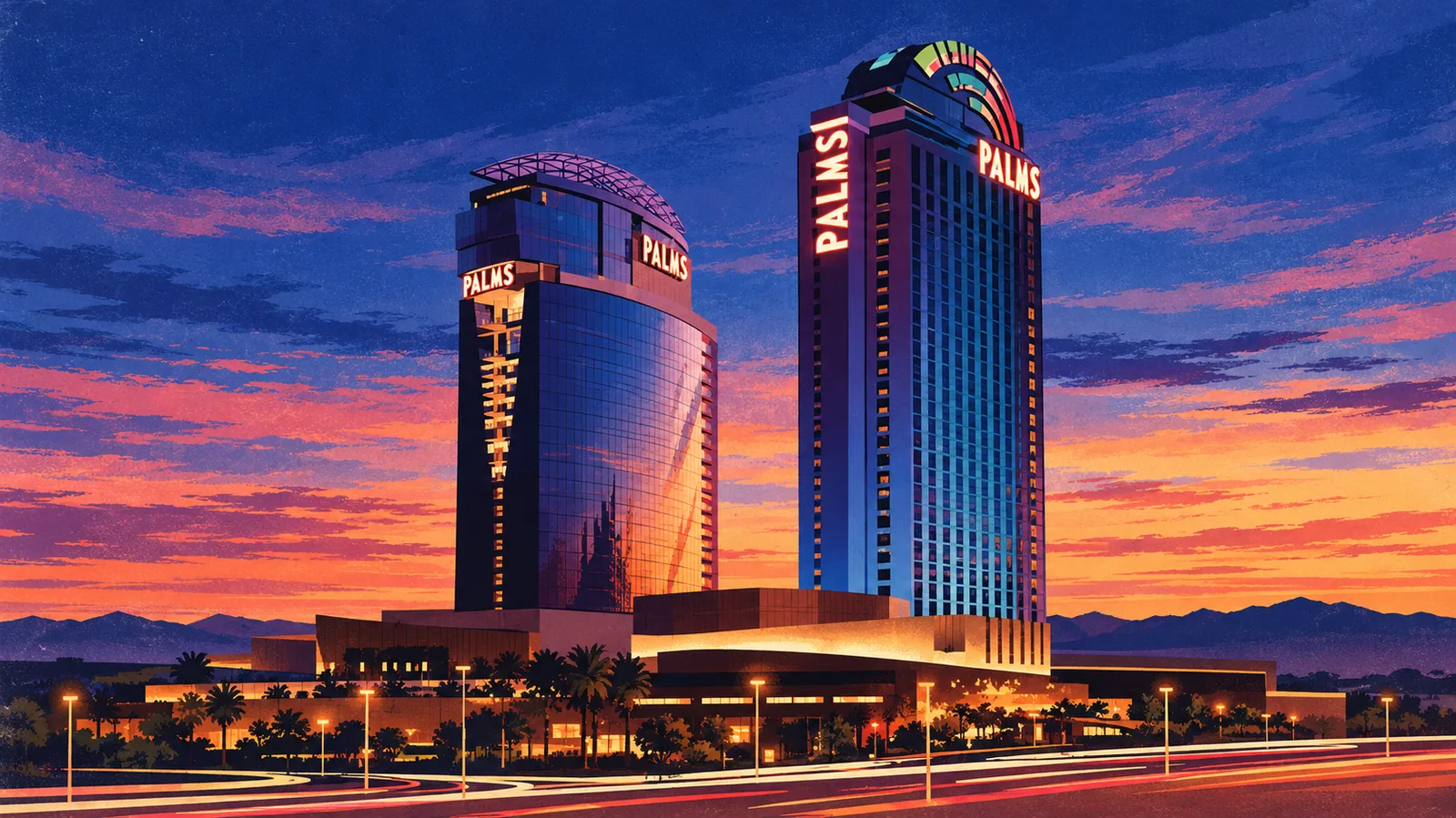 Illustration of the Palms twin towers with illuminated PALMS signs against a blue and rose sunset.